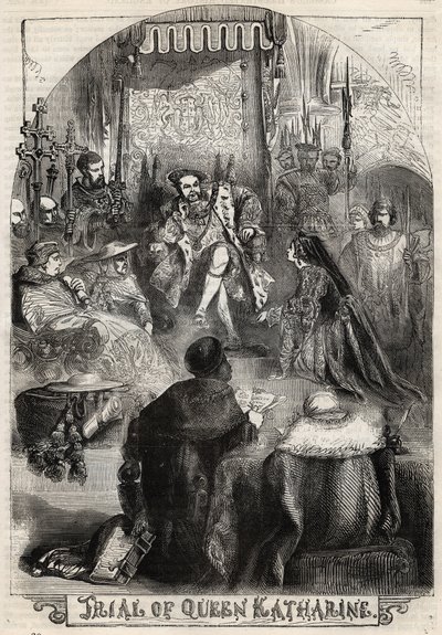 محاكمة الملكة كاثرين من أراغون عام 1529 ، الزوجة الأولى لهنري الثامن ، التي أُلغي زواجها من الملك - بروسيس دي كاثرين داراغون (1486-1536) زوجة هنري الثامن - نقش من "تاريخ إنجلترا" بواسطة كاسيل بيتر وجالبين بواسطة مدرسة اللغة الإنجليزية