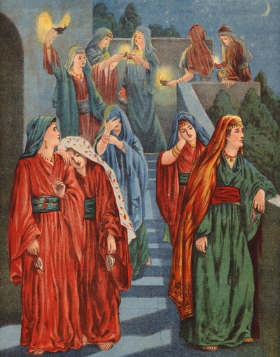 العذارى الحكيمات والعذارى الجاهلات (طباعة حجرية ملونة) بواسطة مدرسة اللغة الإنجليزية
