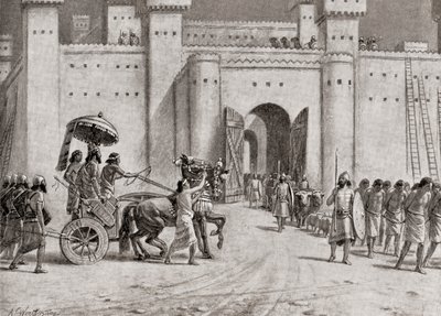 الاستيلاء على دمشق في عام 732 قبل الميلاد على يد تغلاث بيليسر الثالث، من تاريخ الأمم لهتشنسون، طُبع عام 1915 بواسطة مدرسة اللغة الإنجليزية
