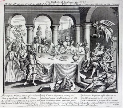 القناع الشيطاني ، أو عيد التنانين كما فعله نادي النار-النار ، في سومرست هاوس في ستراند ، c.1721 بواسطة مدرسة اللغة الإنجليزية