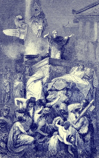 خطبة الجنازة على بطل روماني ، توضيح من التاريخ المصور للعالم ، نُشرت عام 1880 (صورة محسنة رقميًا) بواسطة مدرسة اللغة الإنجليزية