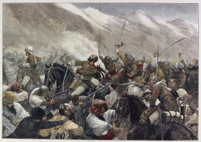 أواخر الحرب الأفغانية: وفاة الرائد ويغرام باتي في معركة فوتتاباد 30 أبريل (نقش ملون) بواسطة مدرسة اللغة الإنجليزية