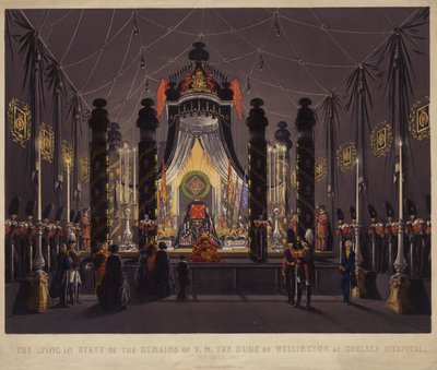 الكذب في حالة بقايا FM دوق ولينغتون في مستشفى تشيلسي ، نوفمبر 1852 (نقش ملون) بواسطة مدرسة اللغة الإنجليزية
