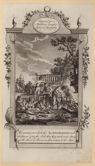 The manner in which the Kamtschadales melt the Grease and dry the Fish that they catch in the Spring at the Head of Rivers, on their return to the Sea (engraving) بواسطة مدرسة اللغة الإنجليزية