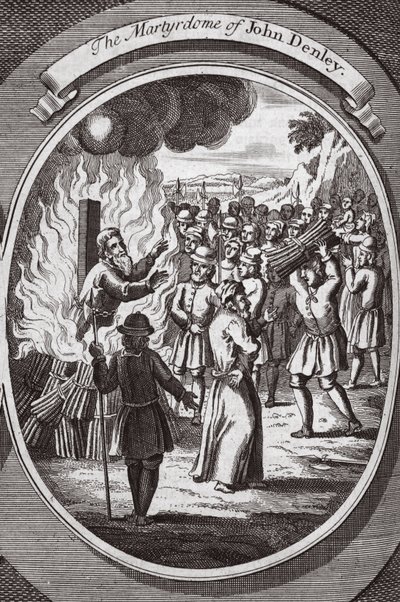 استشهاد جون دينلي ، رسم توضيحي من "شهداء الثعالب" حوالي 1703 (ليتو) بواسطة مدرسة اللغة الإنجليزية