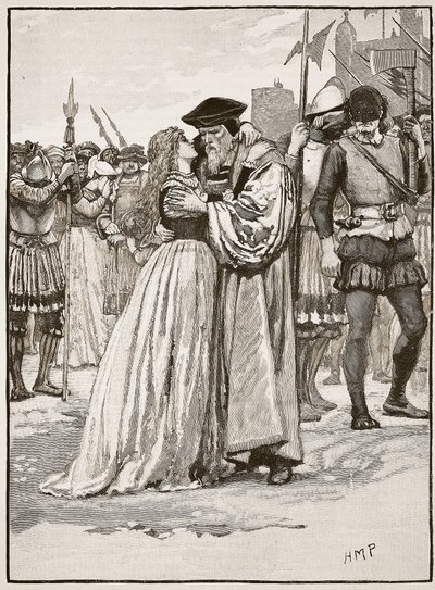 فراق السير توماس مور وابنته ، رسم توضيحي من Cassells Illustrated History of England (sepia photo) بواسطة مدرسة اللغة الإنجليزية