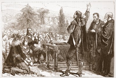 القسم والاشتراك في العهد الوطني في Greyfriars Churchyard ، إدنبرة ، توضيح من تاريخ البروتستانتية بقلم جيمس أيتكين ويلي (1808-1890) ، حانة. 1878 بواسطة مدرسة اللغة الإنجليزية