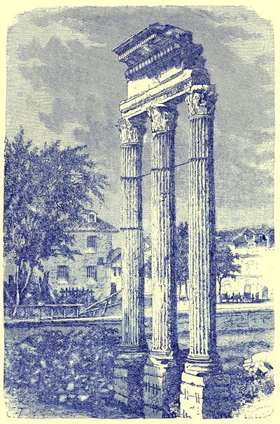 الأعمدة الثلاثة في معبد كاستور ، توضيح من تاريخ روما بقلم فيكتور دوروي ، نُشر عام 1884 (صورة محسنة رقميًا) بواسطة مدرسة اللغة الإنجليزية