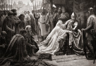 زوجة الملك إدوارد الثالث ، ملكة فيليبا من هاينو ، تتدخل أمام زوجها لتطلب إنقاذ حياة سكان كاليه السبعة (طباعة) بواسطة مدرسة اللغة الإنجليزية