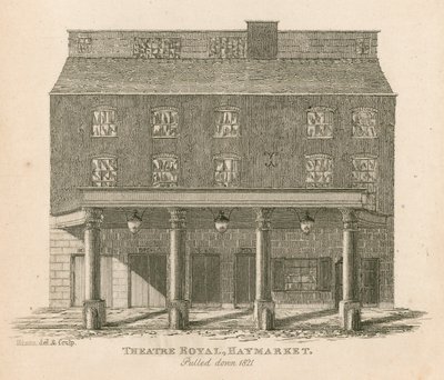 المسرح الملكي ، هايماركت ، لندن ، تم سحبه عام 1821 بواسطة مدرسة اللغة الإنجليزية