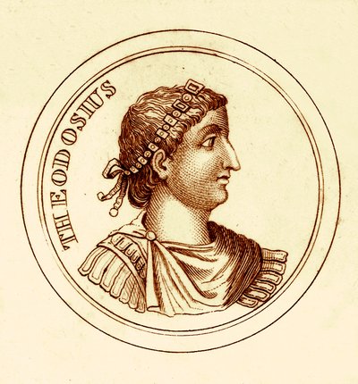ثيودوسيوس ، رسم توضيحي من القاموس التاريخي العالمي لجورج كراب ، نشر عام 1825 (صورة محسنة رقميًا) بواسطة مدرسة اللغة الإنجليزية