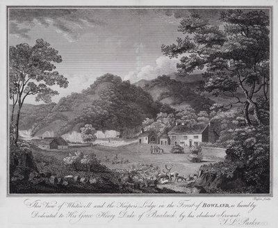 هذا المنظر لـ Whitewell and the Keeper's Lodge في غابة Bowland ، مكرس بتواضع إلى جريس هنري دوق بوكليوش ، من قبل خادمه المطيع جيه إل باركر (نقش) بواسطة مدرسة اللغة الإنجليزية