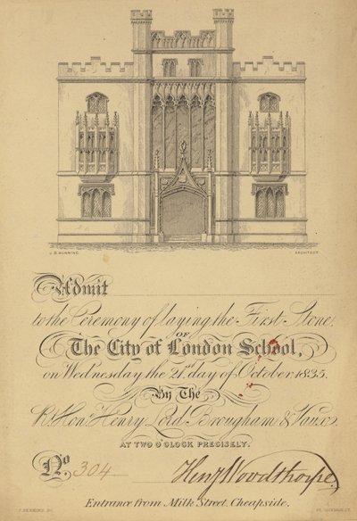تذكرة لوضع الحجر الأول لمدرسة مدينة لندن ، 21 أكتوبر 1835 بواسطة مدرسة اللغة الإنجليزية