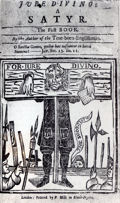 صفحة عنوان الكتاب الأول من Jure Divino - A Satyr by Daniel Defoe (1660-1731) المنشور في عام 1706 بواسطة مدرسة اللغة الإنجليزية