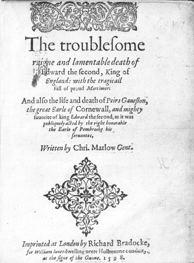صفحة العنوان لإدوارد الثاني بقلم كريستوفر مارلو ، نُشر عام 1598 (ورقة مطبوعة) بواسطة مدرسة اللغة الإنجليزية