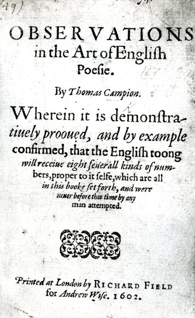 صفحة العنوان للملاحظات في فن اللغة الإنجليزية Poesie بواسطة Thomas Campion ، تم نشره عام 1602 (ورقة مطبوعة) بواسطة مدرسة اللغة الإنجليزية