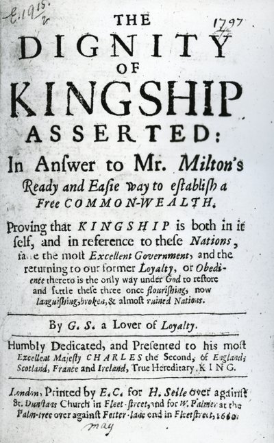 صفحة العنوان لـ The Dignity of Kingship أكدتها GS A Lover of Loyalty ، تم نشره عام 1660 (ورقة مطبوعة) بواسطة مدرسة اللغة الإنجليزية