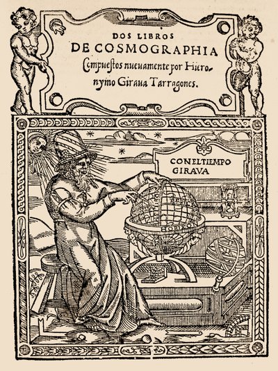 صفحة العنوان لكتابين من علم الكونيات بواسطة Hieronymo Girana Tarragones ، من The Narrative and Critical History of America ، حرره جاستن وينسور ، لندن ، 1886 (طبعة خشبية) بواسطة مدرسة اللغة الإنجليزية
