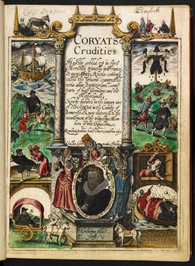 صفحة العنوان من "Coryats Crudities gobled vp in five Moneth trauells ..." بواسطة Thomas Coryat بواسطة مدرسة اللغة الإنجليزية