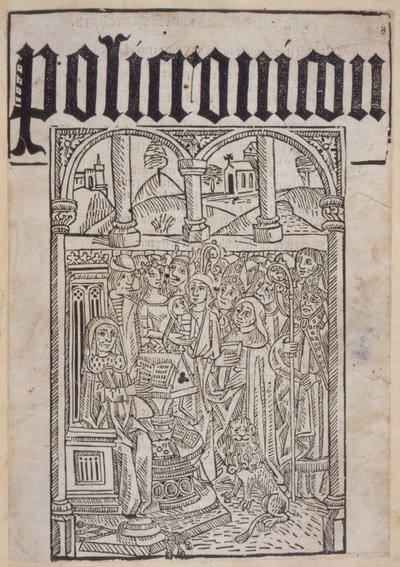 صفحة العنوان من Polychronicon بقلم رانولف هيغدين (ت 1336) طبعها وينكين دي وورد ، 1495 بواسطة مدرسة اللغة الإنجليزية