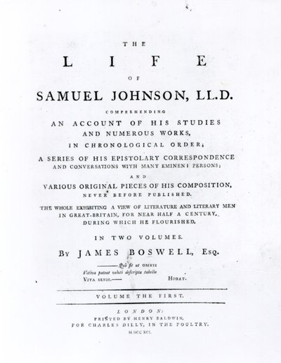 صفحة العنوان ، من حياة صموئيل جونسون لجيمس بوسويل (1740-1795) بواسطة مدرسة اللغة الإنجليزية
