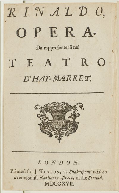صفحة العنوان من مكتبة الأوبرا في هانديل "رينالدو" ، بقلم جياكومو روسي ، 1717 بواسطة مدرسة اللغة الإنجليزية