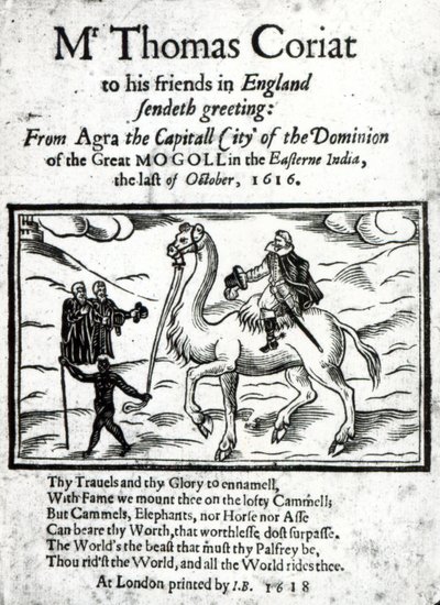 صفحة العنوان لتوماس كورياتس حساب مطبوع بعد وفاته لرحلاته في الهند ، نُشر في لندن ، 1618 (ورق مطبوع وخط خشبي) بواسطة مدرسة اللغة الإنجليزية