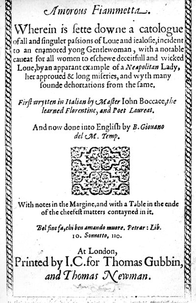 صفحة العنوان لـ Amorous Fiammetta بقلم جيوفاني بوكاتشيو ، الترجمة الإنجليزية المنشورة عام 1587 بواسطة مدرسة اللغة الإنجليزية