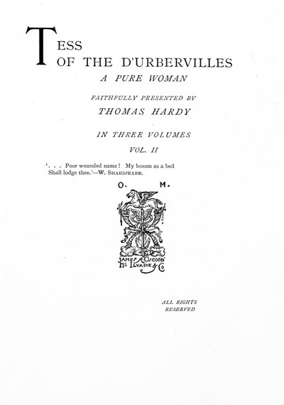 صفحة العنوان لـ "Tess of the D&39;Urbervilles" بقلم توماس هاردي ، طبعة نُشرت عام 1892 (ورقة مطبوعة) بواسطة مدرسة اللغة الإنجليزية