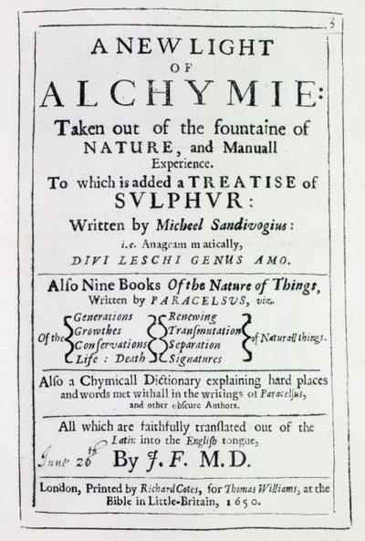 صفحة العنوان للنسخة الإنجليزية من A New Light on Alchemy بواسطة Michal Sedziwoj ، 1650 (طباعة) بواسطة مدرسة اللغة الإنجليزية