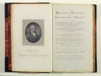 صفحة العنوان مع صورة ويليام كيرتس (1749-99) ، من مجلة نباتية أو حديقة زهور معروضة ، بقلم ويليام كيرتس ، نُشر عام 1790 بواسطة مدرسة اللغة الإنجليزية