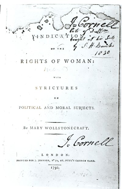 صفحة عنوان "إثبات حقوق المرأة" بقلم ماري ولستونكرافت ، نشرت عام 1792 بواسطة مدرسة اللغة الإنجليزية