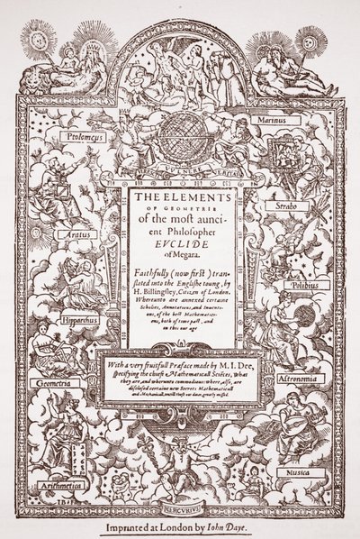 صفحة العنوان للترجمة المبكرة لعناصر إقليدس ، طبعها جون داي ، لندن ، 1570-71 بواسطة مدرسة اللغة الإنجليزية