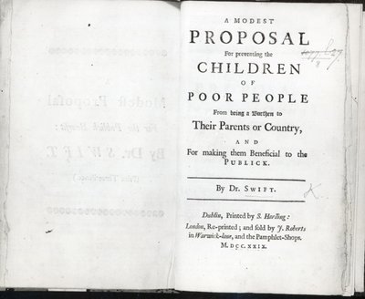 صفحة العنوان لمقترح متواضع لجوناثان سويفت ، نُشر عام 1729 (مطبوعة) بواسطة مدرسة اللغة الإنجليزية