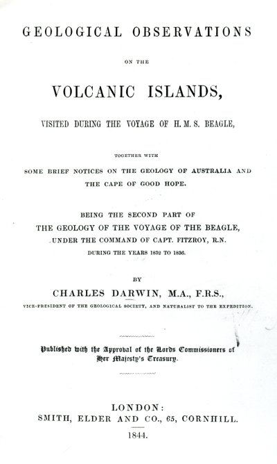 صفحة العنوان للملاحظات الجيولوجية على الجزر البركانية بقلم تشارلز داروين ، 1844 (ورقة مطبوعة) بواسطة مدرسة اللغة الإنجليزية