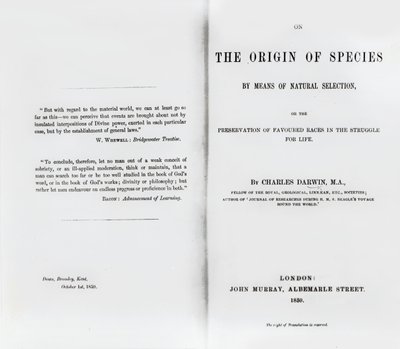صفحة العنوان عن أصل الأنواع بقلم تشارلز داروين ، نُشرت عام 1859 بواسطة مدرسة اللغة الإنجليزية