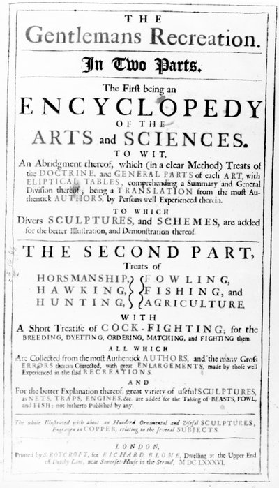 صفحة العنوان إلى The Gentlemans Recreation التي نشرها ريتشارد بلوم ، 1686 بواسطة مدرسة اللغة الإنجليزية