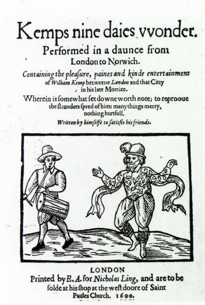 صفحة العنوان لـ William Kemps Nine Days Wonder ، نُشرت عام 1600 بواسطة مدرسة اللغة الإنجليزية