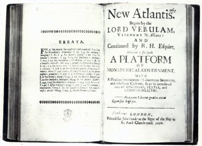 صفحات العنوان لفرانسيس بيكونز نيو أتلانتس ، طبعة نُشرت عام 1660 (مطبوعة) بواسطة مدرسة اللغة الإنجليزية