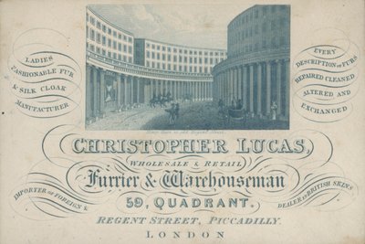 Trade card advertising Christopher Lucas, wholesale and retail furrier and warehouseman, 59, Quadrant, Regent Street, Piccadilly, London (engraving) بواسطة مدرسة اللغة الإنجليزية