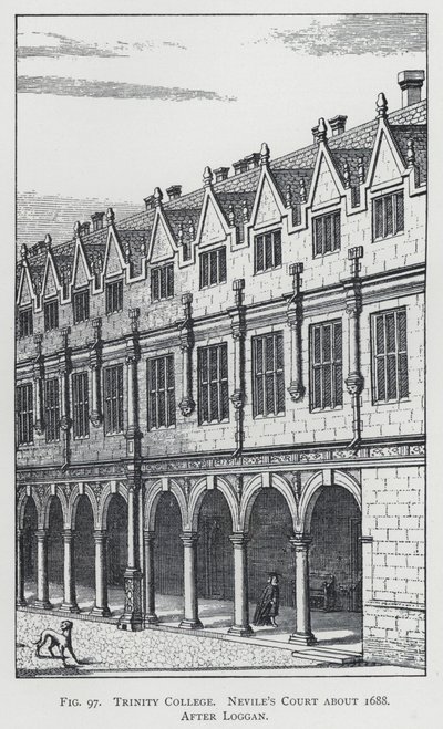 كلية ترينيتي ، محكمة نيفيل حوالي عام 1688 ، بعد لوجان (نقش) بواسطة مدرسة اللغة الإنجليزية