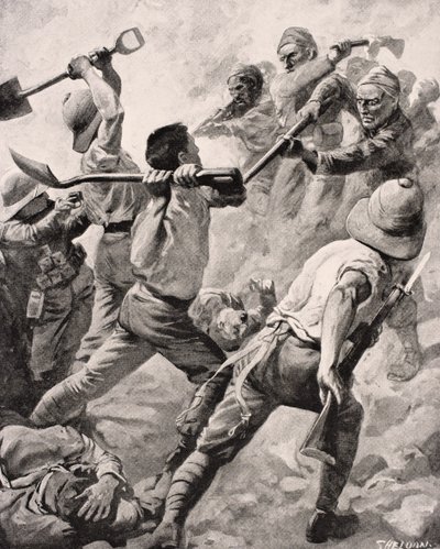 الجنود الأتراك والبريطانيون يدا بيد للقتال في شبه جزيرة جاليبولي تركيا 1915 ، من "ألبوم الحرب المصور deLuxe" ، الذي نشر في لندن ، 1916 بواسطة مدرسة اللغة الإنجليزية