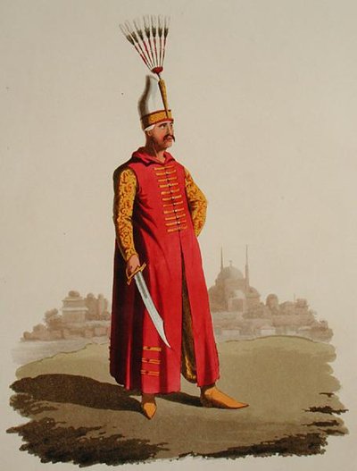 محارب تركي ، من "أزياء الأمم المختلفة" ، المجلد السابع ، "الزي العسكري لتركيا" ، بقلم توماس ماكلين ، نُشر عام 1800-18 (مائي ملون يدويًا) بواسطة مدرسة اللغة الإنجليزية