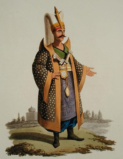 محارب تركي ، من "أزياء الأمم المختلفة" ، المجلد السابع ، "الزي العسكري لتركيا" ، بقلم توماس ماكلين ، نُشر عام 1800-18 (مائي ملون يدويًا) بواسطة مدرسة اللغة الإنجليزية
