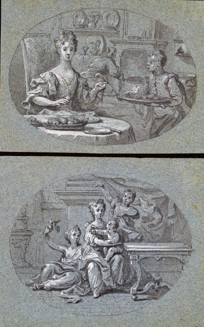 مشهدان محليان ، c.1725 (طباشير أبيض وأسود على ورق أزرق) بواسطة مدرسة اللغة الإنجليزية