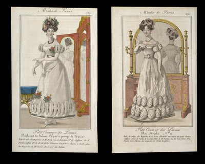 اثنان من لوحات الموضة للسيدات في ثوب المساء ، إعلانات من Modes de Paris ، c.1825 بواسطة مدرسة اللغة الإنجليزية