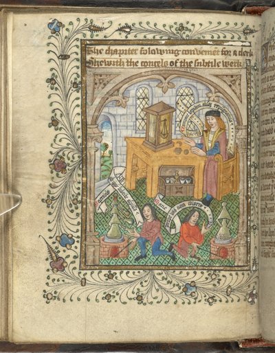 رجلان يعتنيان بالأفران وعالم يرتدي رداء ، ربما ، نورتون ، مع الإنيمبيكس ، من "Ordinal of Alchemy" لتوماس نورتون (ورق) بواسطة مدرسة اللغة الإنجليزية