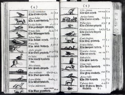 صفحتان من World Sensualium Pictus Comenius ، 1659 بواسطة مدرسة اللغة الإنجليزية