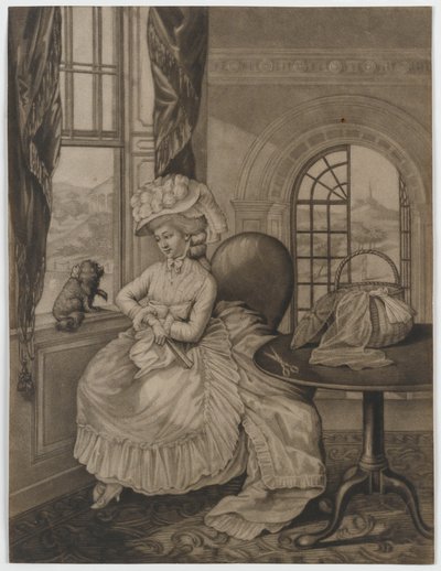 بدون عنوان (امرأة تجلس في نافذة بشأن كلب صغير) ، ج .1780 (mezzotint) بواسطة مدرسة اللغة الإنجليزية