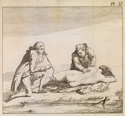 استخدام مبخرة لنفخ دخان التبغ في أحشاء امرأة غريقة للمساعدة في إنعاشها، حوالي عام 1790 (نقش) بواسطة مدرسة اللغة الإنجليزية